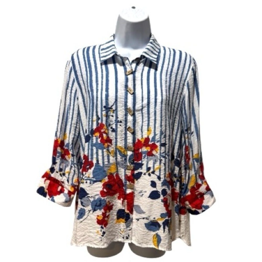 Multiples PM Petite Medium High-Low Textured Stripe Floral Top Lightweight